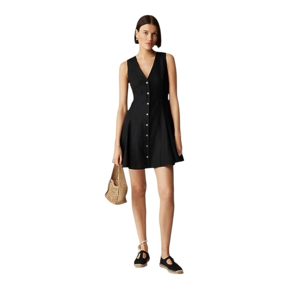 J Crew Black Mini Dress in Linen Sleeveless V Neck Buttons Womens Size 10 Tall